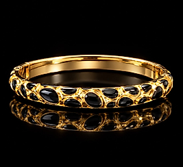 Gold Renk Siyah Taşlı Oval Desenli Kelepçe Bilezik