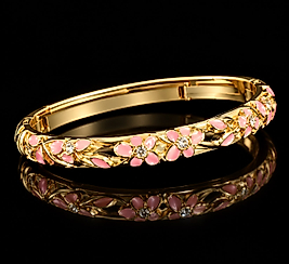 Gold Renk Pembe Çiçek Desenli Taş Detaylı Mineli Kelepçe Bilezik