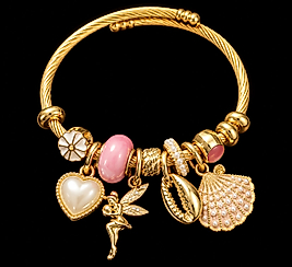 Gold Renk Pembe ve İnci Detaylı Kalp, Peri ve Deniz Kabuğu Charm Bileklik